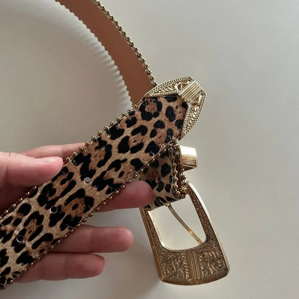 Faux Leather Leopard Cheetah Print Gold Accents Y2K Belt (OS1)